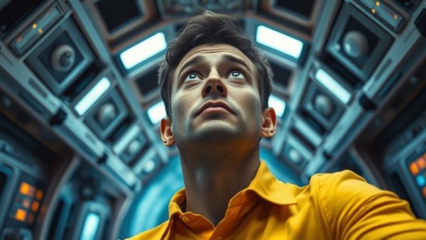 Curious man in spaceship with Project Hail Mary text overlay.