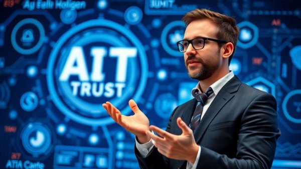 Speaker on AI trust with digital diagrams.