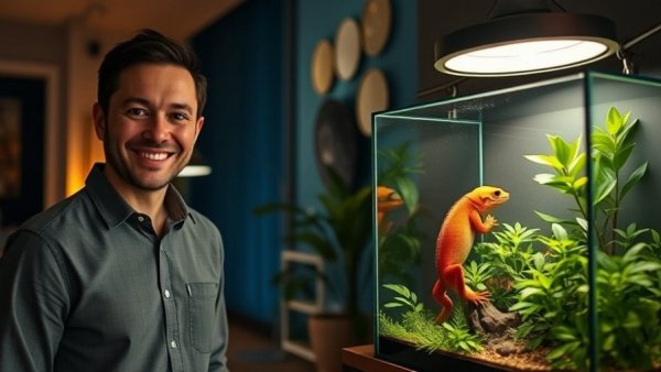Gargoyle Gecko Enclosure Setup with lush vivarium and man smiling.