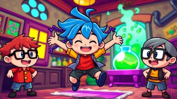 Pixelated character jumping joyfully in playful cartoon scene, pet comedy.