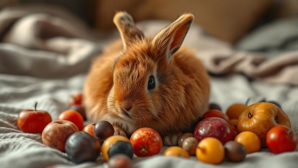 Fluffy rabbit with fruits indoors, representing Easter chocolate dangers for pets.