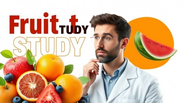 Bold collage on fruit study impact with fruits and scientist.