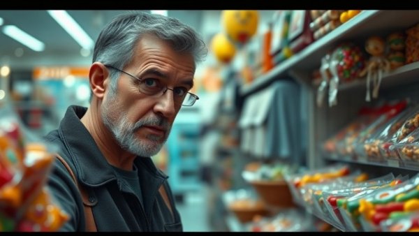 Middle-aged man examines colorful candy in a store.
