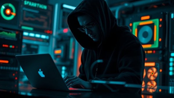 Quantum hackers threat to crypto depicted with hooded figure and technology.