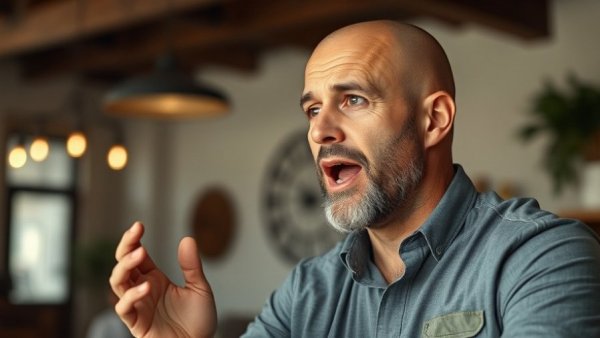 Energetic bald man discussing efficiencies indoors, AI Makes You Money theme.