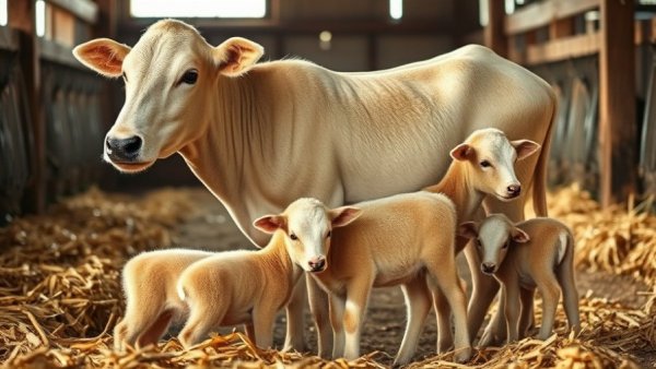 Proud mother introducing newborn pets in barn.