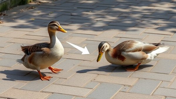 Hilarious animal clips: Two ducks, one slipping, on a paved walkway.