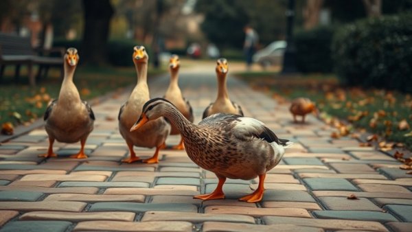 Amusing ducks on a brick path, pet funniest videos scene.