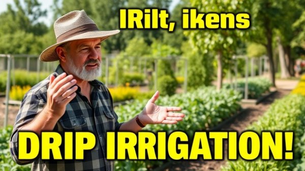 Man promoting using drip tape in your garden, lush garden setting.