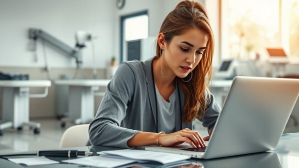 A young woman typing on a laptop in a clinic setting, bright lighting.