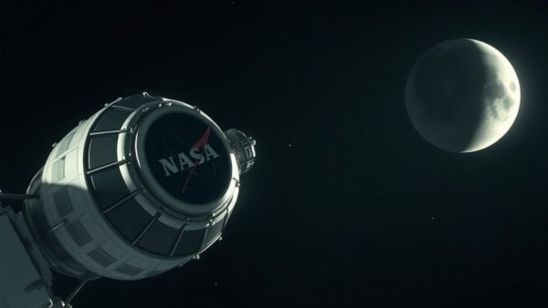 NASA Artemis II Moon Flyby spacecraft with crescent moon
