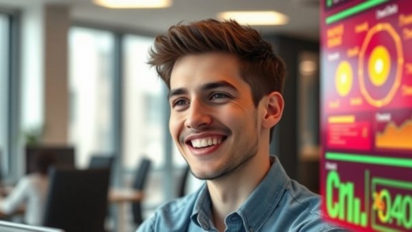 Smiling man discusses AI secrets, vibrant digital graphics, digital content strategy.