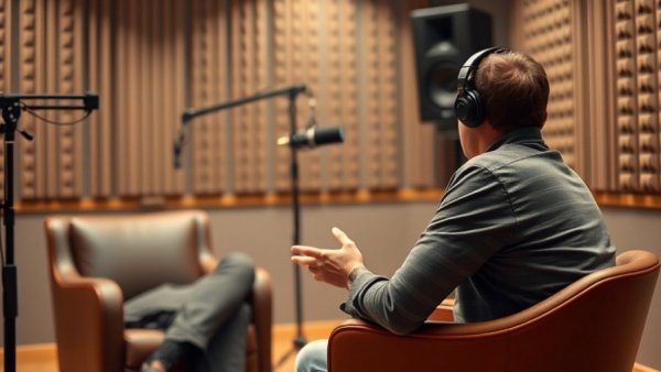 Engaged person speaking in a dimly lit recording studio