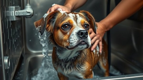 Person washing a dog in metal basin, learning how to take care of a dog.