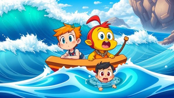 Hilarious pets cartoon with colorful ocean backdrop and playful characters.