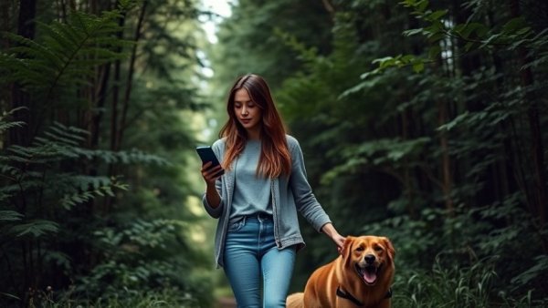 Young woman recharges spiritually in nature with dog, forest walk.