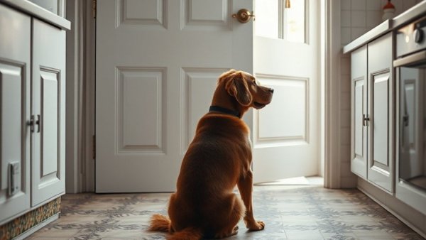 Dog in kitchen anticipating at the door, highlighting veterinary care for pets.