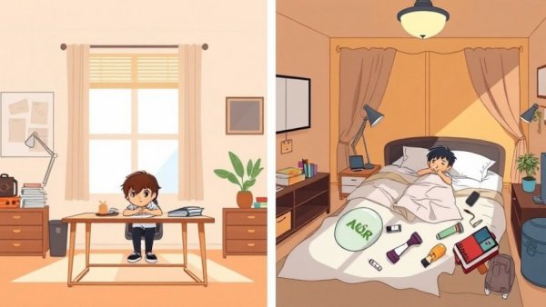 Japanese habits for better productivity depicted in cartoon comparison.