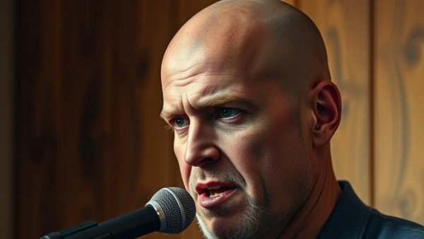 Bald man speaking into microphone, intense expression, warm lighting.