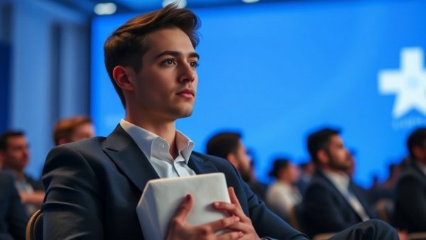 Young man at a conference discussing education choices.