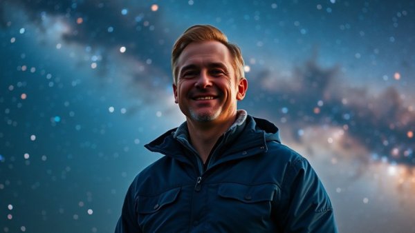 Man standing against starry sky, learning how to spot constellations.