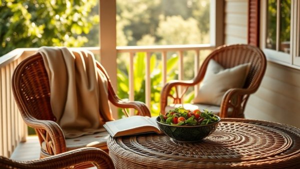Mindful eating setting on a sunlit porch with wicker furniture and a healthy meal.