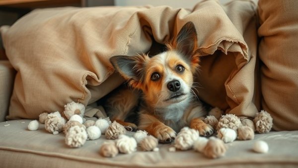 Dog destroys couch while home alone, peeking out mischievously.