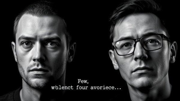 Biological basis of aggression discussion promo in monochrome with two men.