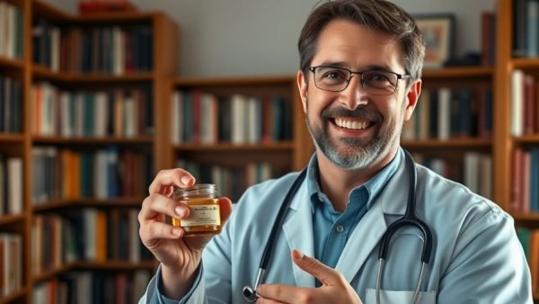 Veterinarian offering advice on pet health services, holding ointment.