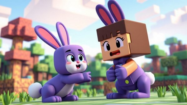 Hilarious pets in a Minecraft-inspired scene with a cartoon character.