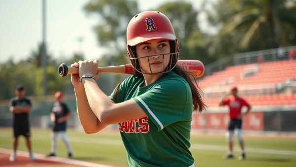 Young woman swinging a bat on a sports field.