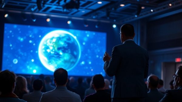AI-driven space discoveries presented at futuristic conference stage.