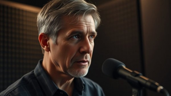 Man discussing in dimly lit studio environment.