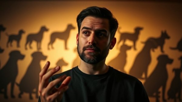 Thoughtful man with dog silhouettes, popular family dog breeds backdrop.