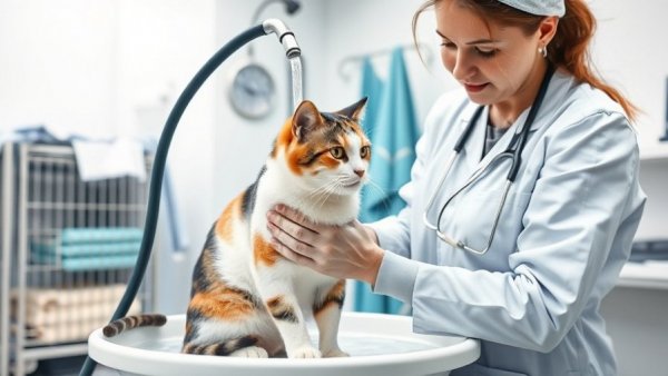Pet care professional bathing a calico cat in clinic - how to take care of a cat.