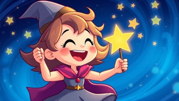 Whimsical animated character with floating star creatures in space