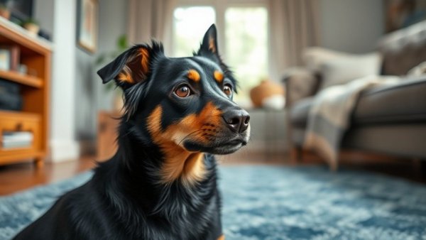 Mindful dog enjoying petting session in living room.