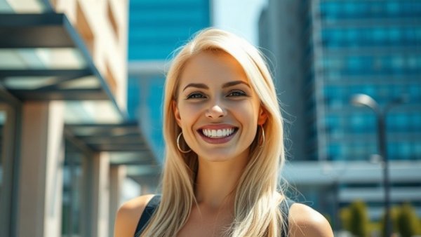 Blonde woman smiling outdoors in sunny urban setting.