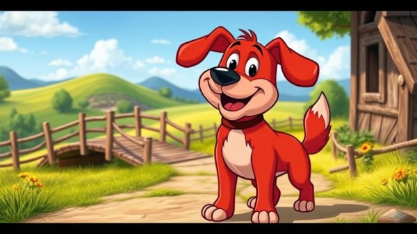 Funny pet cartoons: Whimsical red cartoon dog stands joyfully in a countryside scene.