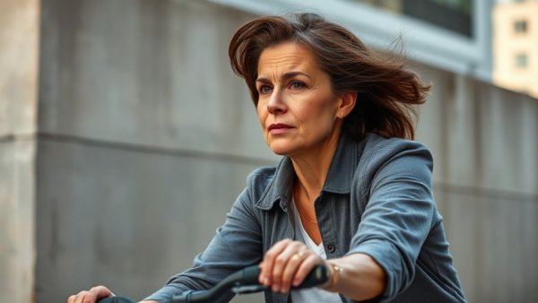 Health and wellness Ohio: Woman cycling in urban environment.