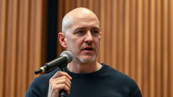 Man discussing SEO marketing with a microphone indoors.