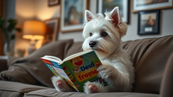 West Highland White Terrier reading in a cozy living room for traveling with pets guide.