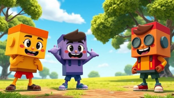 Colorful characters in a pixel art cartoon landscape.