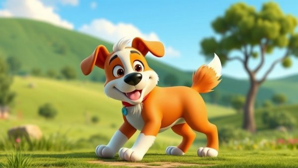 Funny pet cartoon of a playful dog in a colorful countryside.