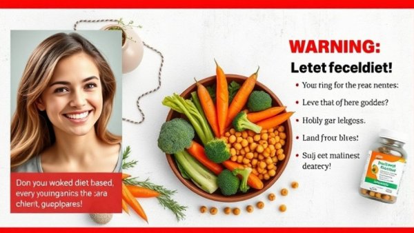 Warning about plant-based diet deficiencies with diverse vegetables and supplements.