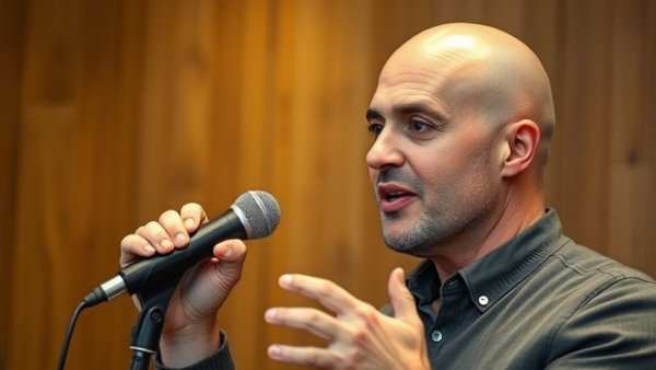 Bald man discussing SEO marketing strategies in a studio.