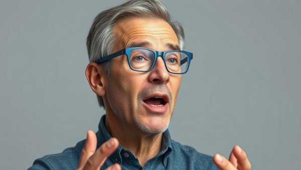 Middle-aged man passionately explaining with blue glasses on gray background.