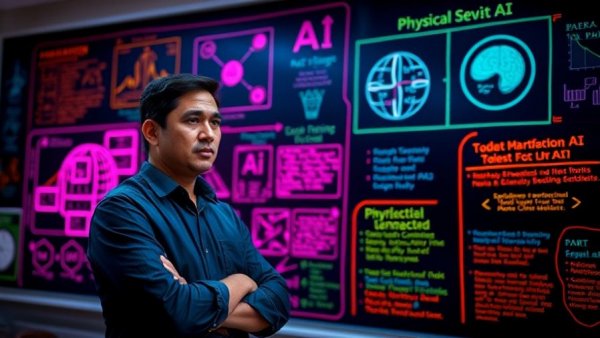 Confident man discussing Physical AI in front of neon-lit board.