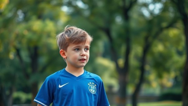Young boy in blue jersey discussing morning routine outdoors, great morning routine.