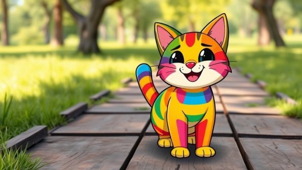 Hilarious pets cartoon cat with rainbow colors in a vibrant setting.